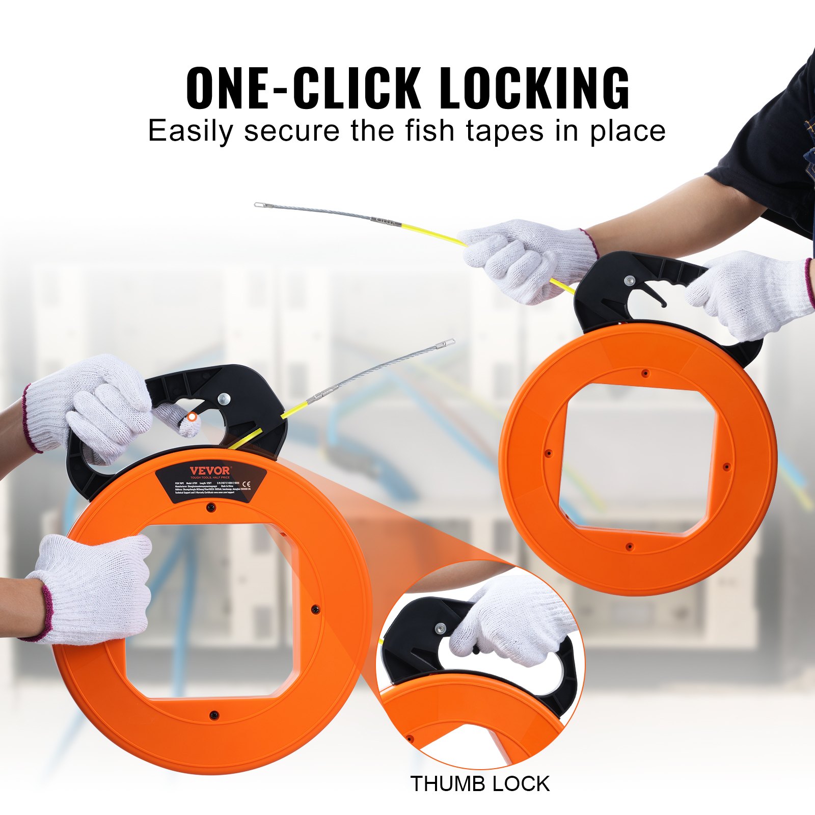 VEVOR Fish Tape, 200 ft, 3/16-inch, Fiberglass Wire Puller with Optimized Housing and Handle, Easy-to-Use Cable Puller Tool, Flexible Wire Fishing Tools for Wall and Electrical Conduit, Non-Conductive