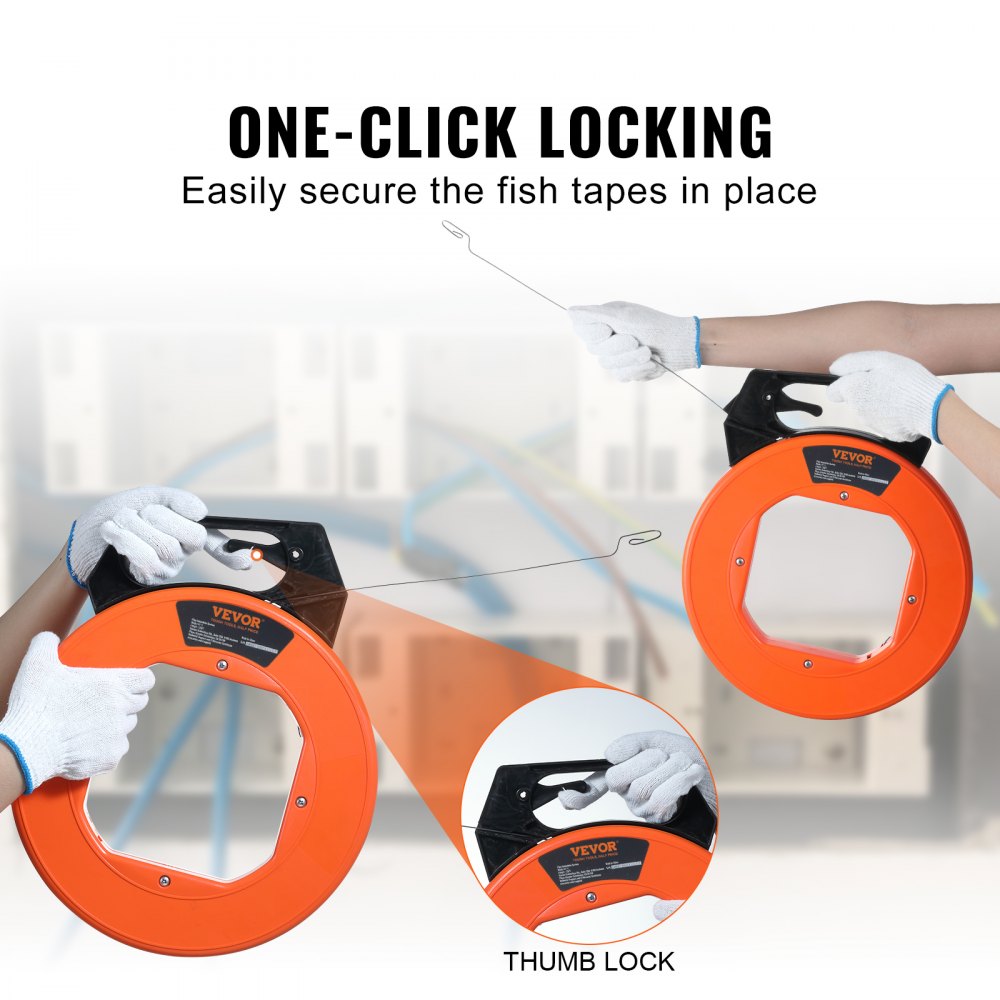 hands holding VEVOR fish tape with one-click locking feature, thumb lock, and orange casing.