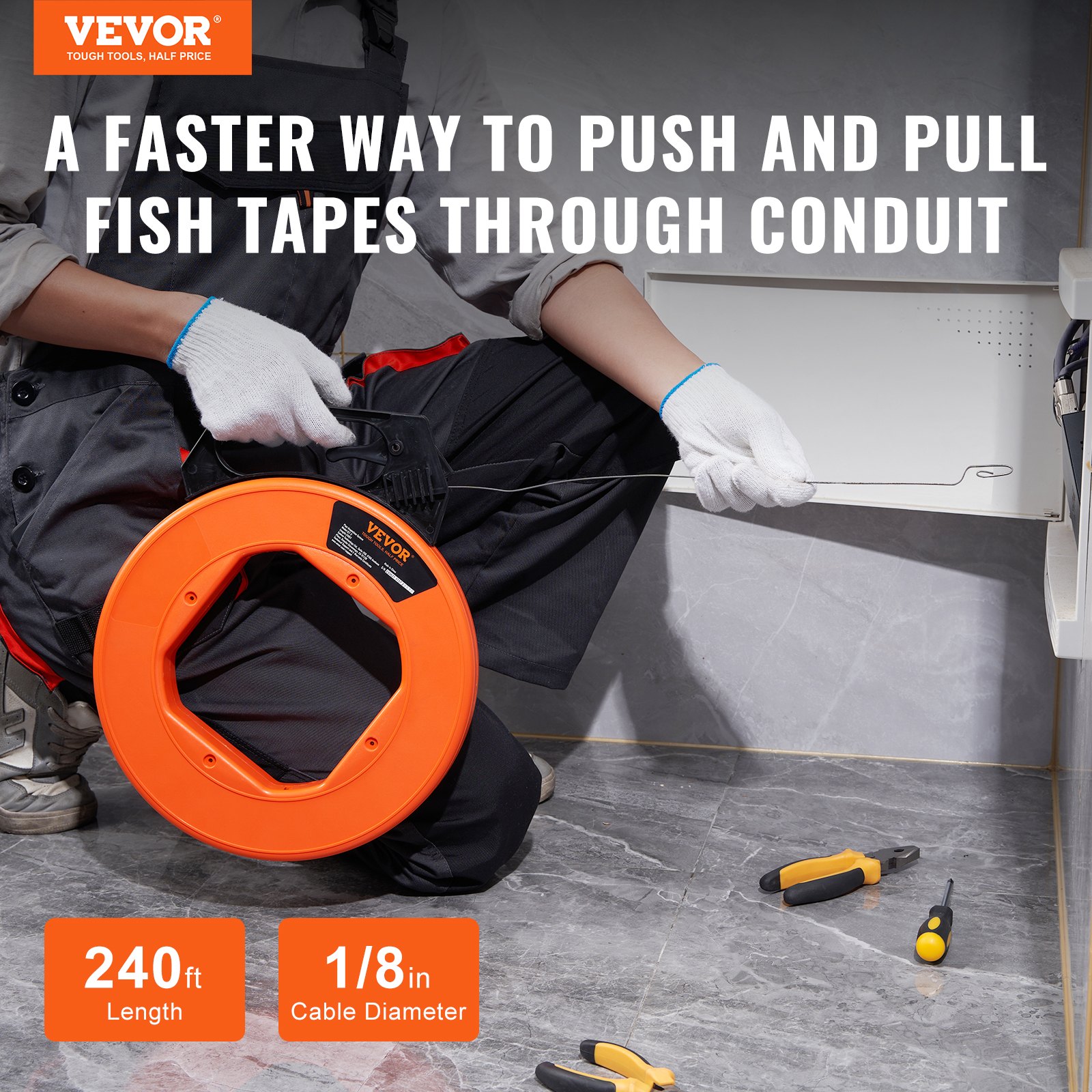 worker using VEVOR fish tape for wiring, showcasing 240 ft length and 1/8 in cable diameter.