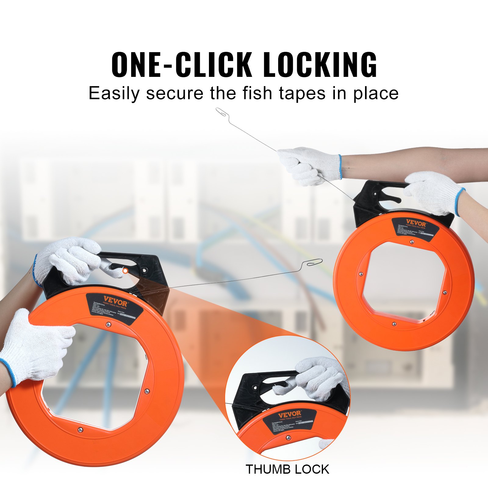 hands holding VEVOR fish tape with one-click locking feature, thumb lock, and orange casing.