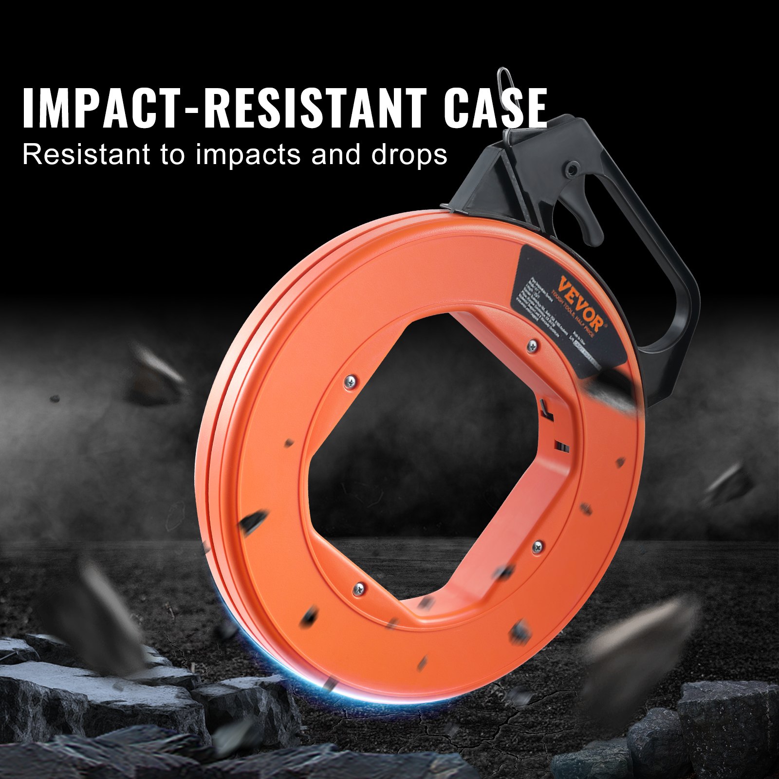 VEVOR fish tape with impact-resistant case, durable and resistant to drops.