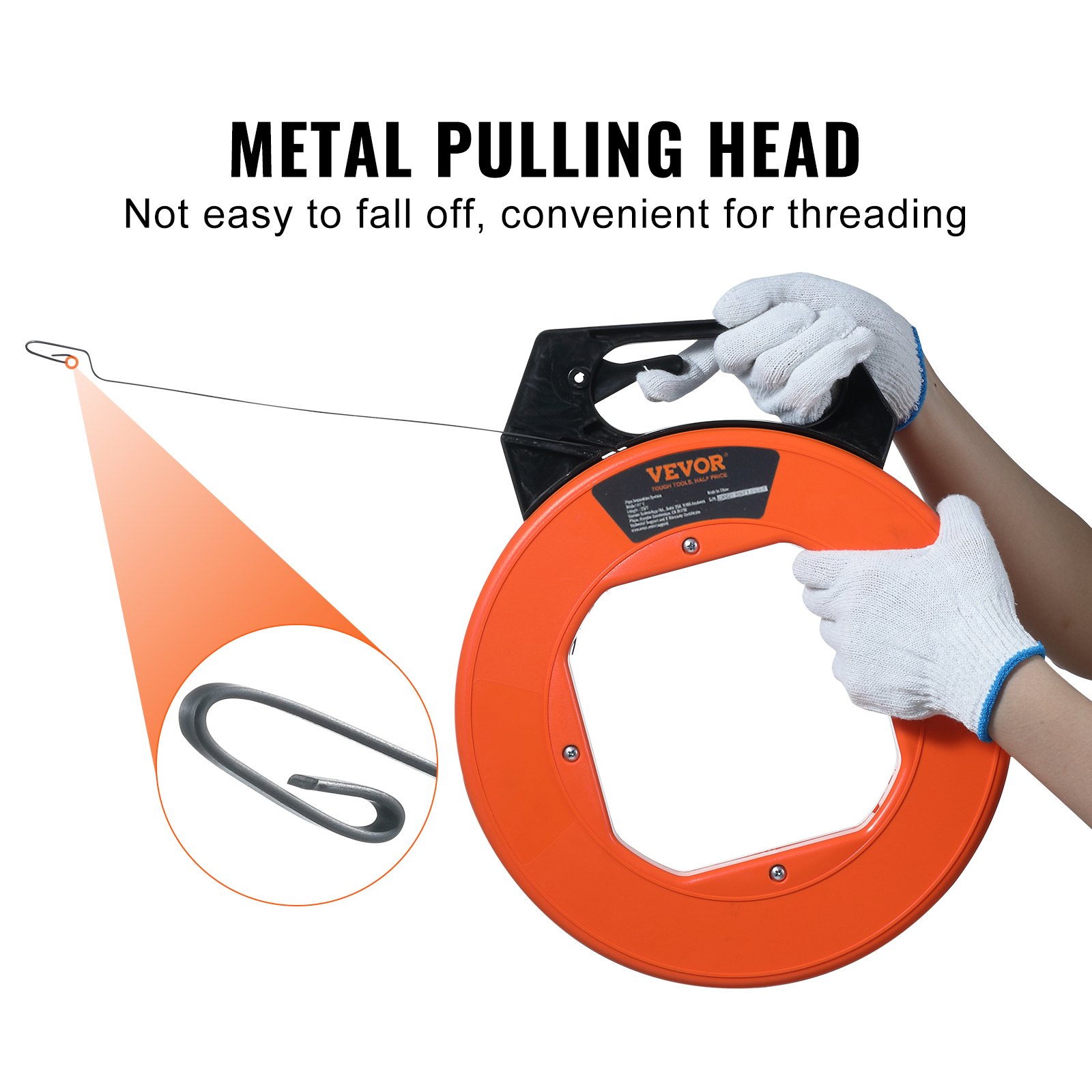 VEVOR fish tape with metal pulling head, ergonomic grip, and threading wire, shown in use.