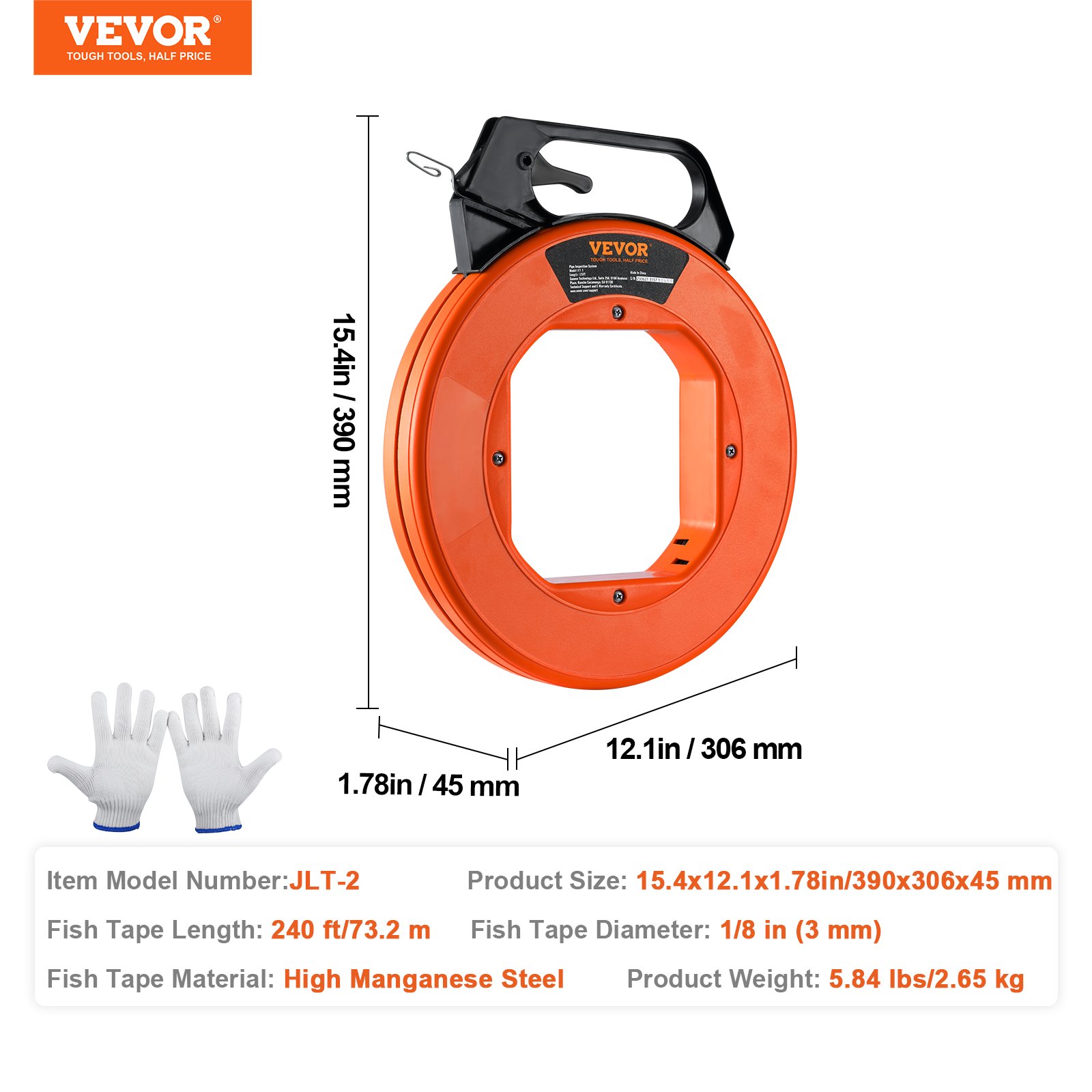 VEVOR fish tape, 240 ft length, high manganese steel, with dimensions and product details.