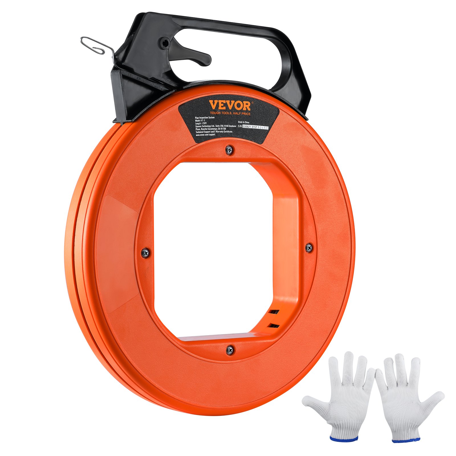orange VEVOR fish tape with black handle, including white work gloves.