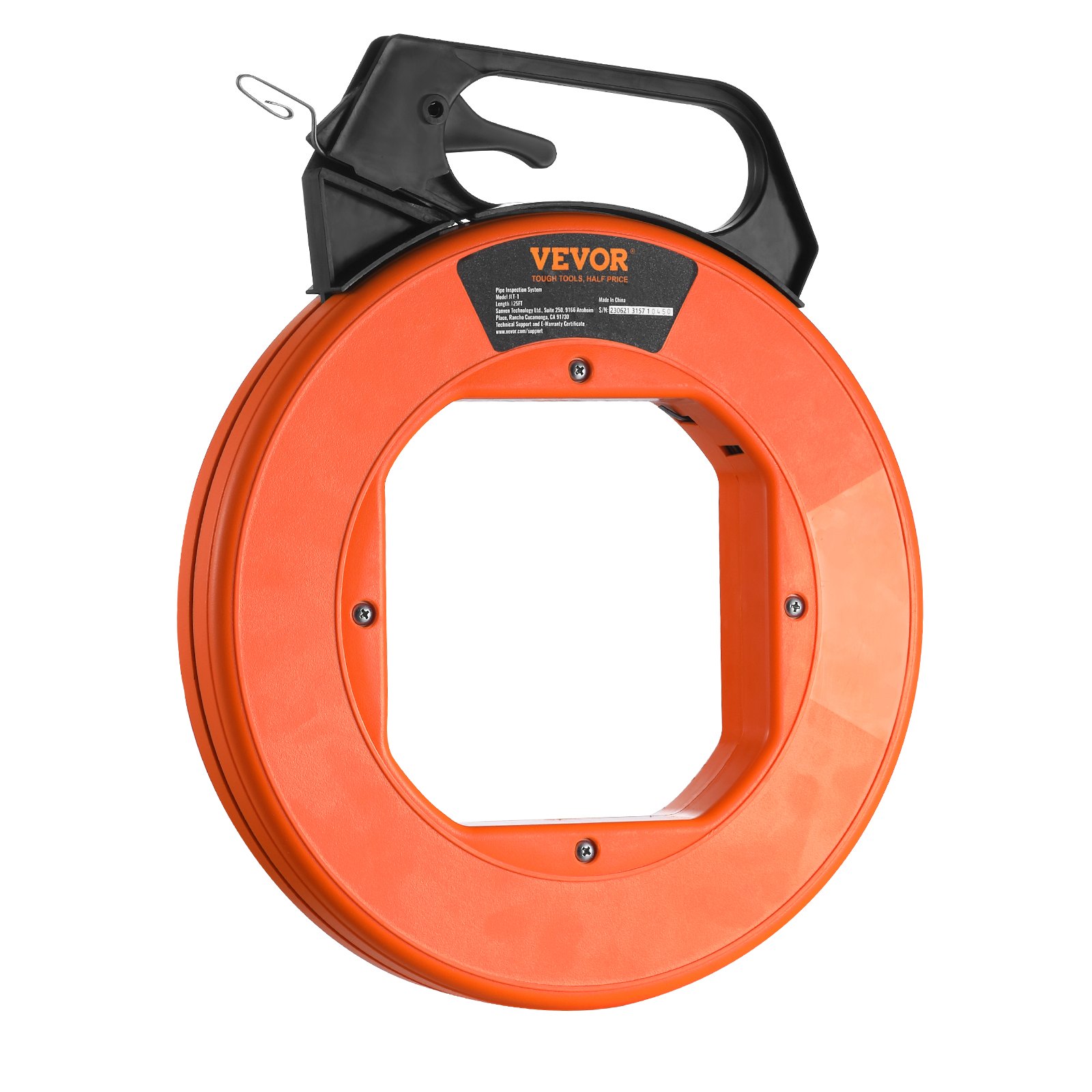 VEVOR fish tape, orange case with black handle, hexagonal opening, and labeling on top.