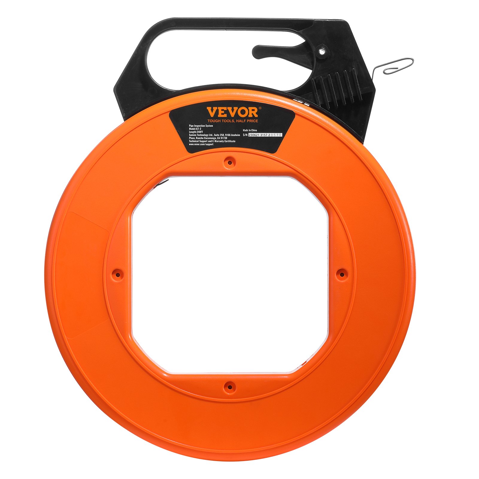 orange VEVOR fish tape with black handle, coiled and ready for pulling electrical wires.
