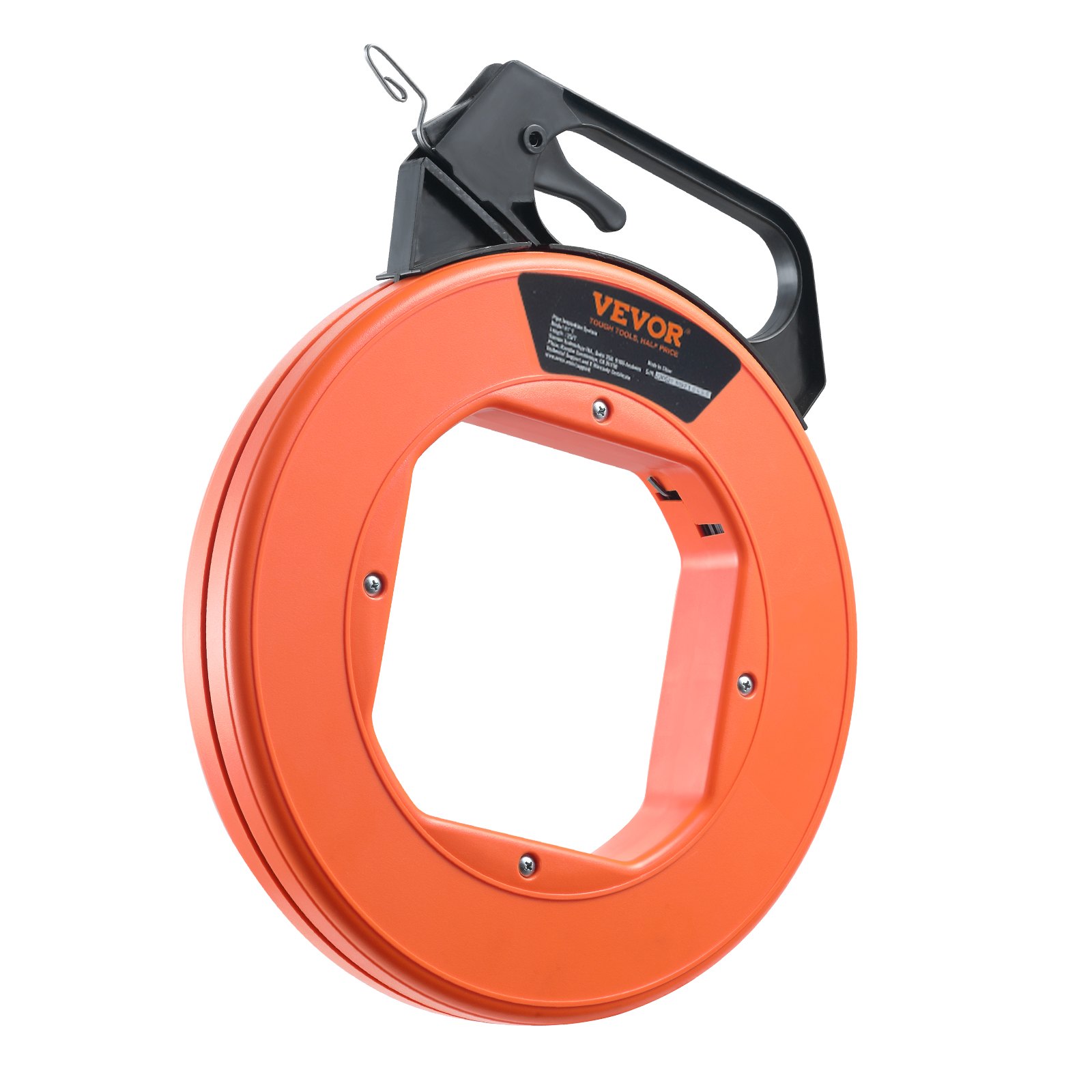 orange VEVOR fish tape with ergonomic black handle and hexagonal center design.