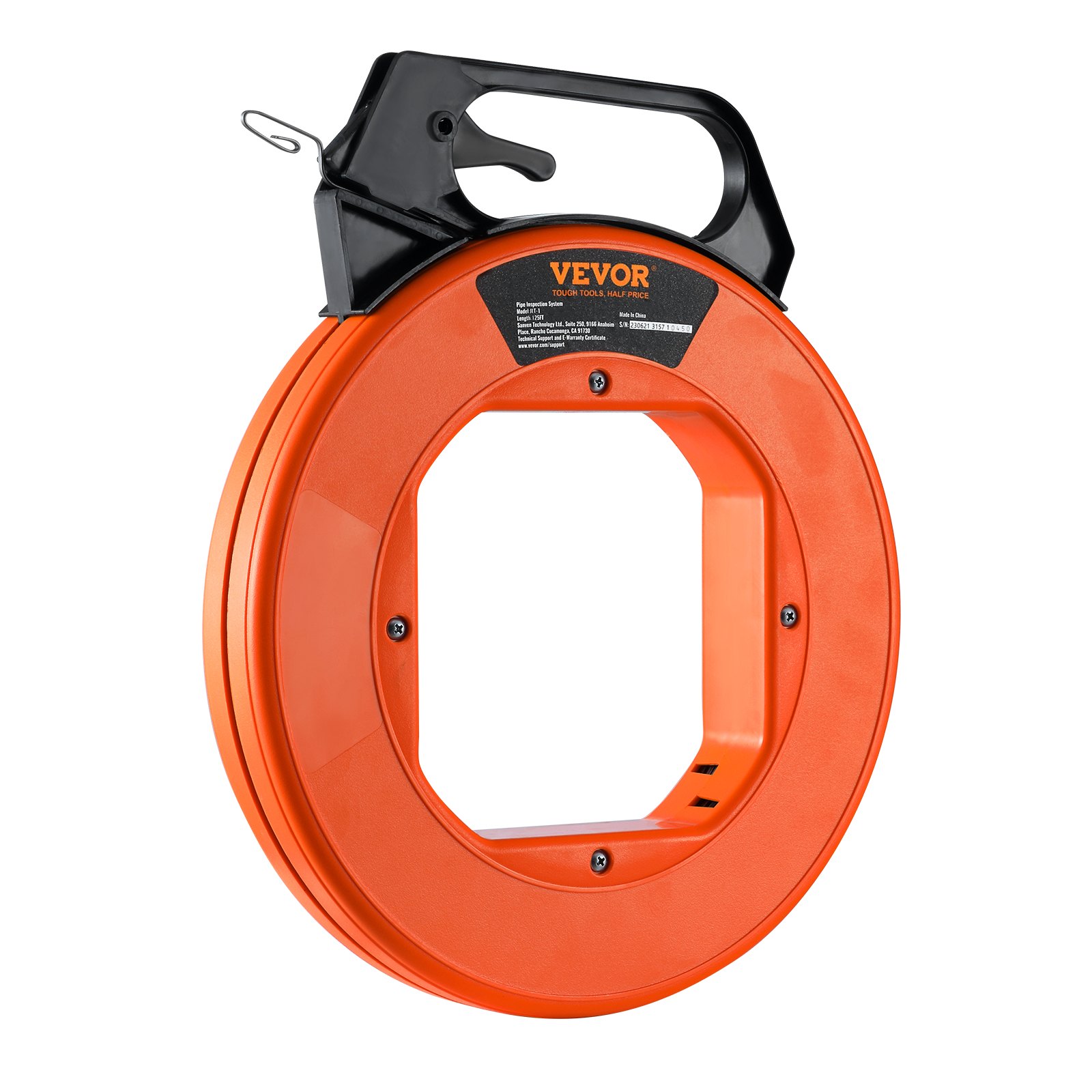 orange VEVOR fish tape with a black handle and metal eyelet for electrical wire pulling.