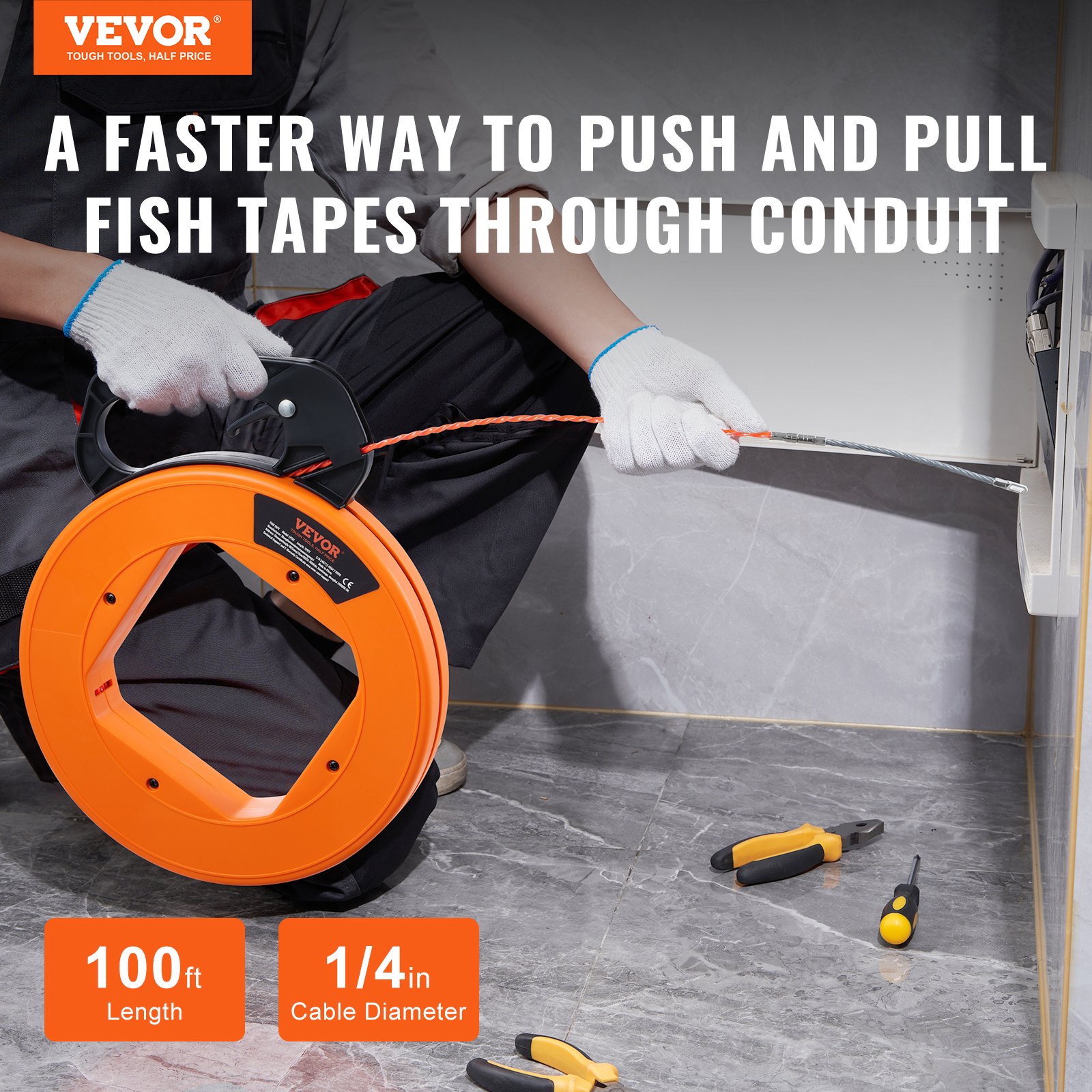 VEVOR Fish Tape, 30.5 m Length, 6.35 mm, PET Wire Puller with Optimized Housing and Handle, Easy-to-Use Cable Puller Tool, Flexible Wire Fishing Tools for Walls and Electrical Conduit, Non-Conductive
