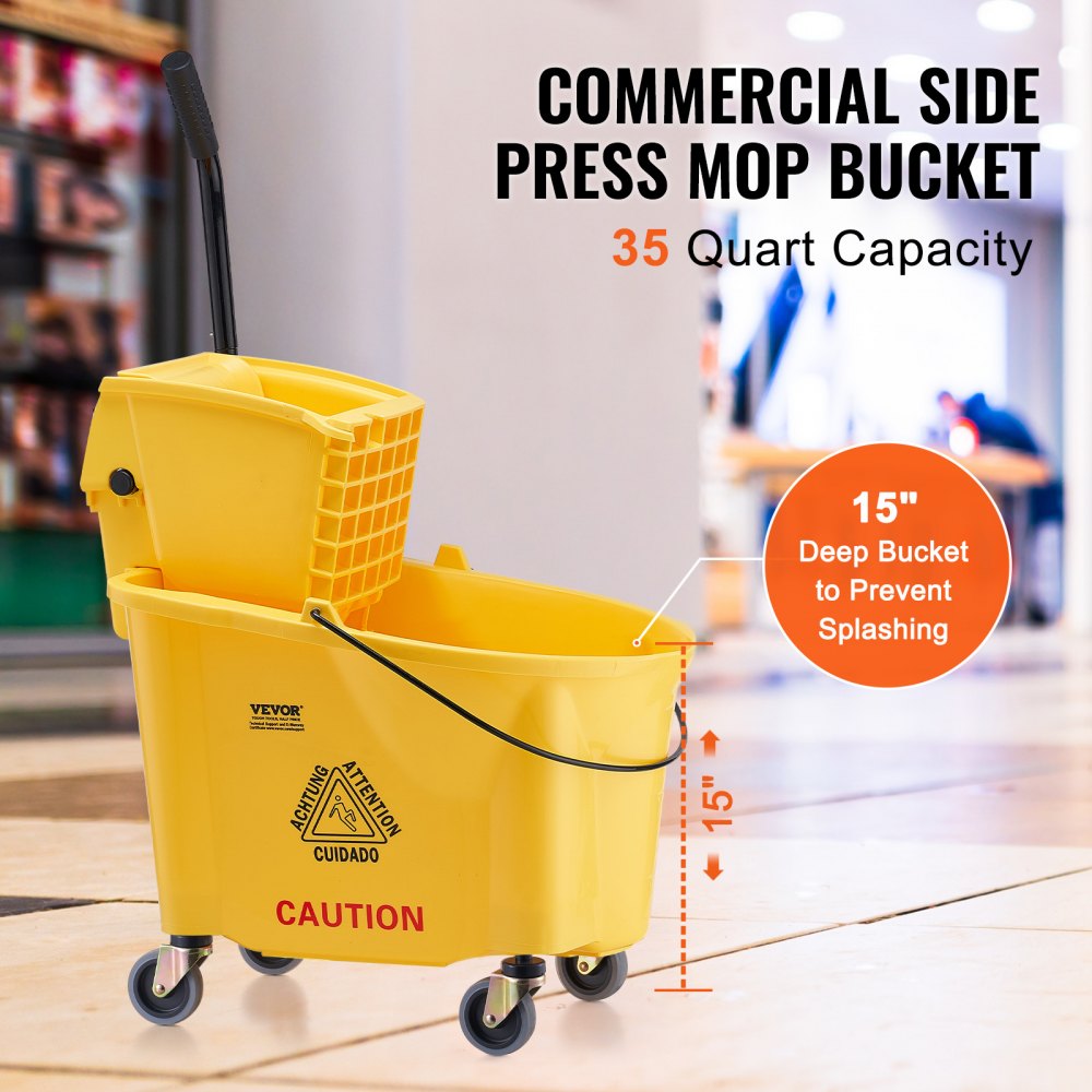 VEVOR Mop Bucket with Wringer, 35 Qt. Commercial Mop Bucket with Side Press Wringer, Side-Press Mop Bucket and Wringer Combo on Wheels, for Professional/Industrial/Business Floor Cleaning, Yellow