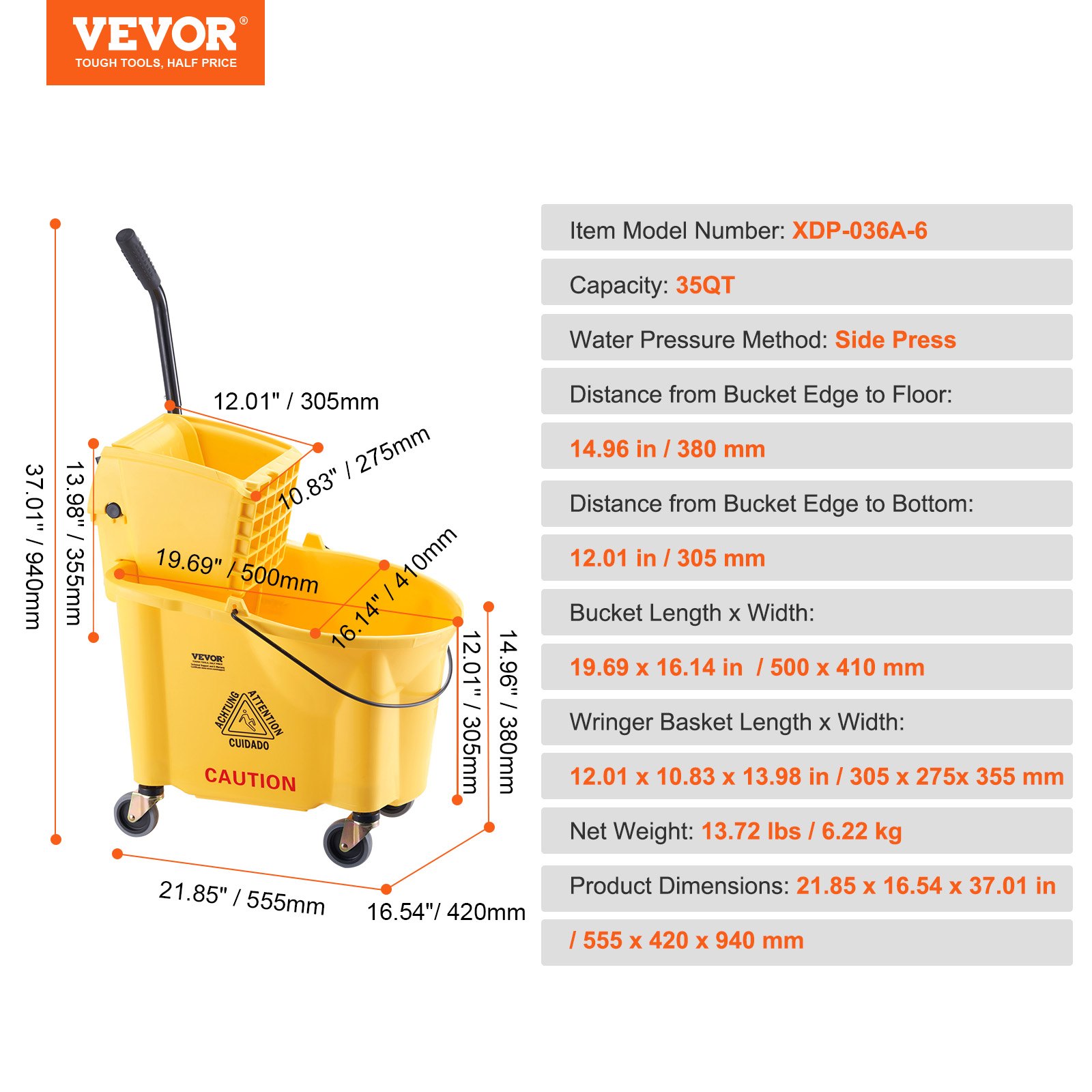 VEVOR Mop Bucket with Wringer, 35 Qt. Commercial Mop Bucket with Side Press Wringer, Side-Press Mop Bucket and Wringer Combo on Wheels, for Professional/Industrial/Business Floor Cleaning, Yellow