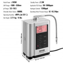 Máquina ionizadora de água alcalina VEVOR, purificador de água de hidrogênio ácido alcalino pH 3,5-10,5, sistema de filtragem doméstica com 7 configurações de água, ORP de até -550mV, 8000L por filtro, limpeza automática, branco
