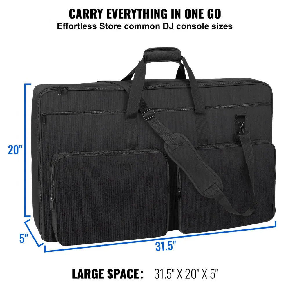 black VEVOR dj mixer bag with dimensions 31.5&quot;x20&quot;x5&quot;, featuring multiple compartments and handles.