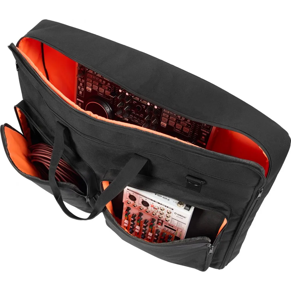 black VEVOR dj mixer bag with orange interior, holding dj equipment and cables, front and top pockets open.