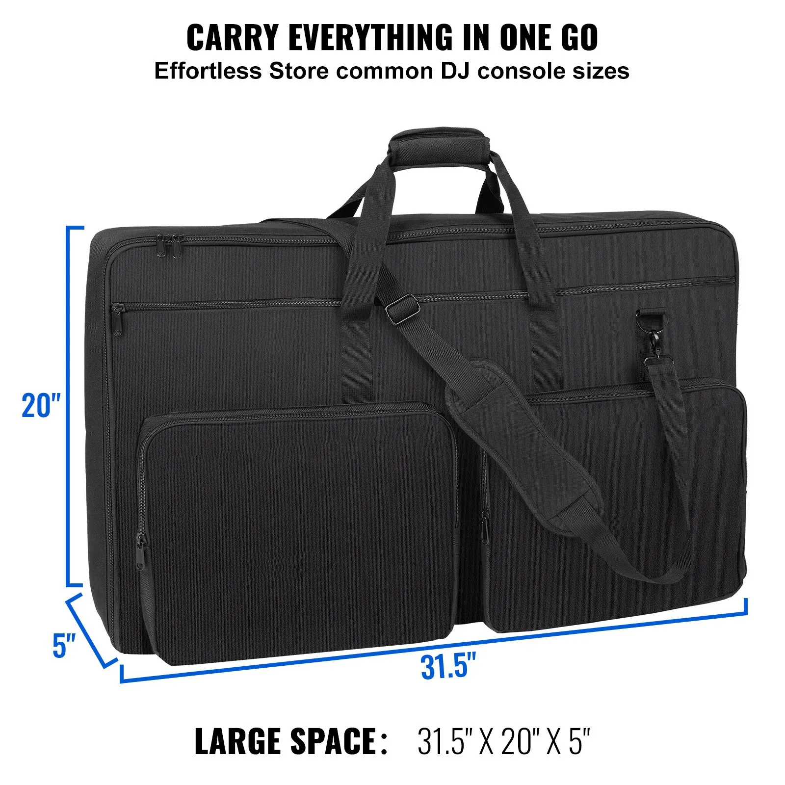 black VEVOR dj mixer bag with dimensions 31.5&quot;x20&quot;x5&quot;, featuring multiple compartments and handles.
