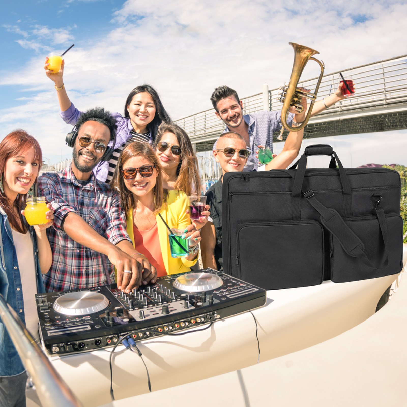 outdoor party with a dj using equipment; VEVOR dj mixer bag is showcased in the foreground.