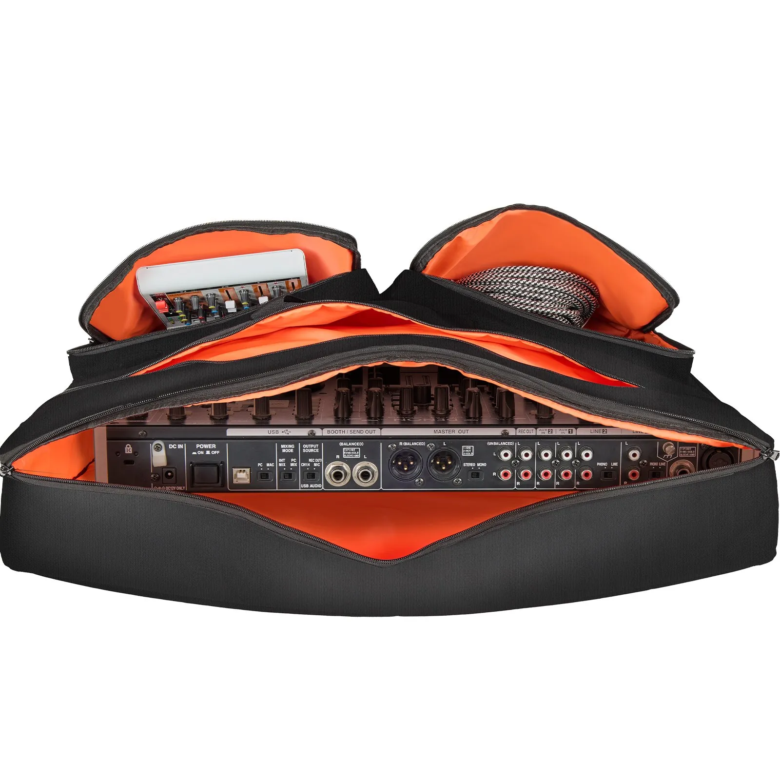 open VEVOR dj mixer bag showcasing compartments with cables, manuals, and mixer equipment inside.