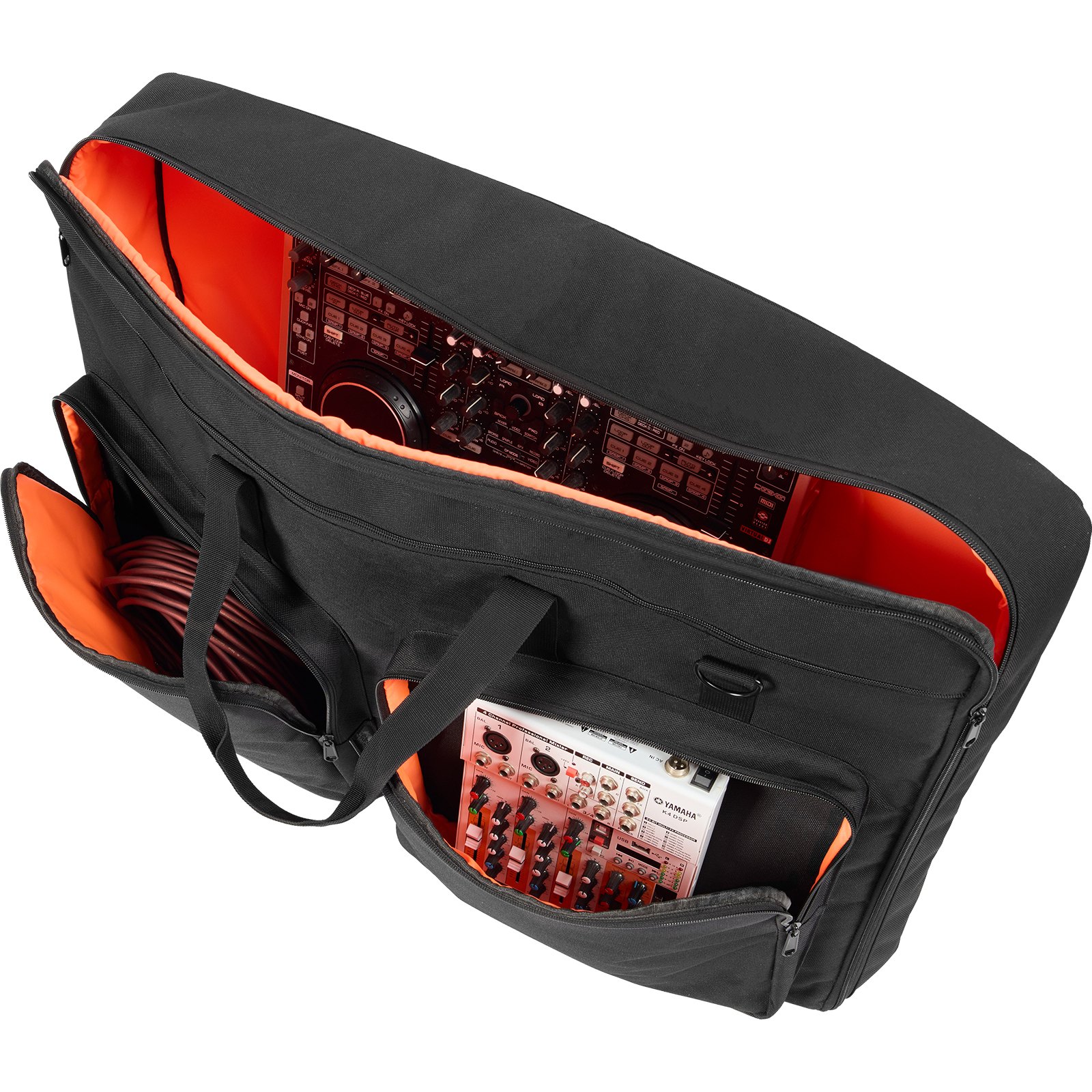 black VEVOR dj mixer bag with orange interior, holding dj equipment and cables, front and top pockets open.