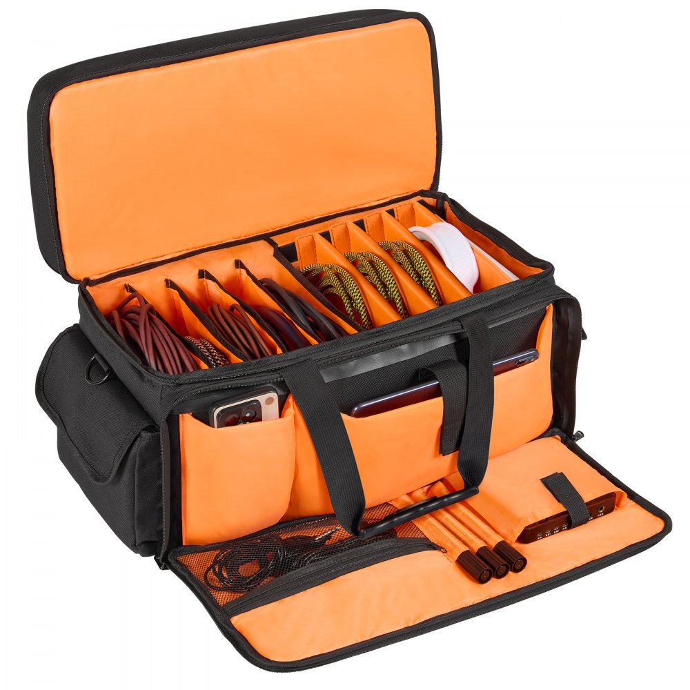 VEVOR dj cable bag with compartments holding assorted cables, accessories, and a phone in an organized manner.