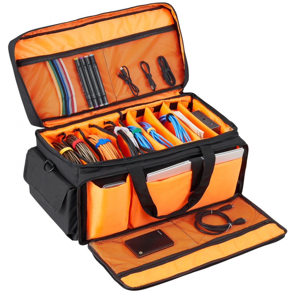 VEVOR dj cable bag with compartments holding assorted cables, accessories, and a phone in an organized manner.