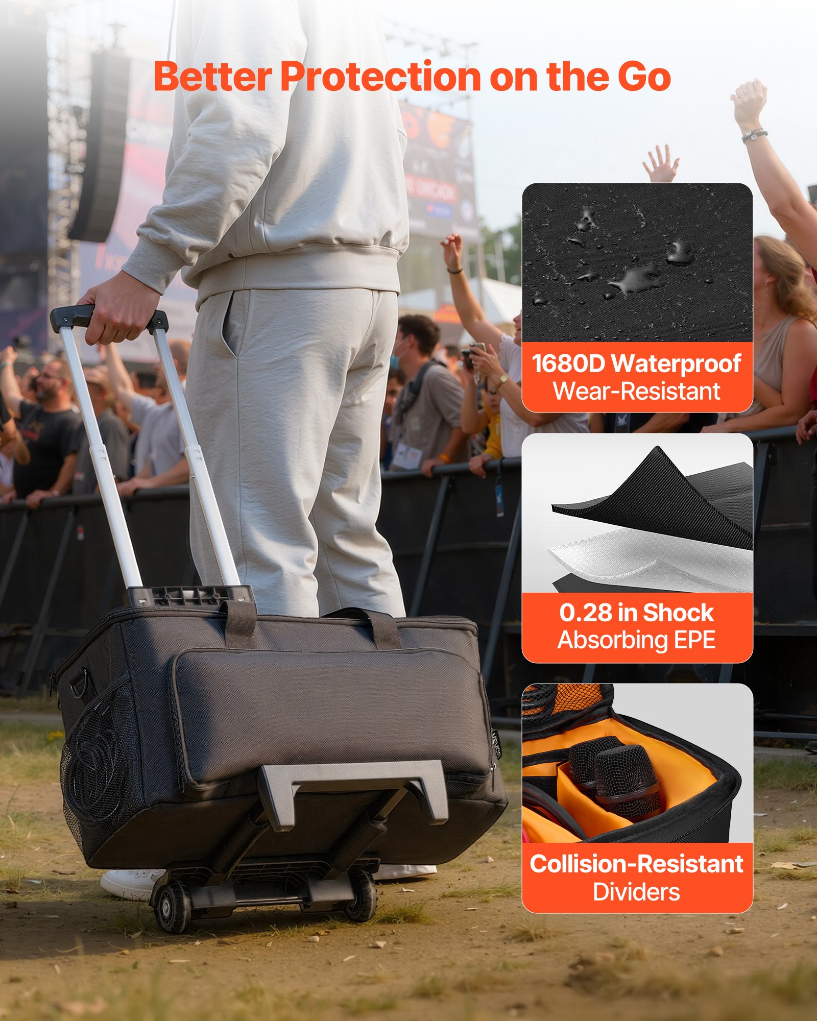 VEVOR Rolling DJ Cable Bag, 1680D, Padded File Gig Bag with Wheels, 6 Detachable Divider, Travel Storage Music Gear Case, for Professional DJ Gear, Musical Instrument and Accessories, Sound Equipment