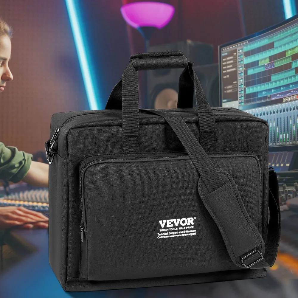 VEVOR dj mixer bag in a recording studio with a music producer, dj equipment, and colorful lights.