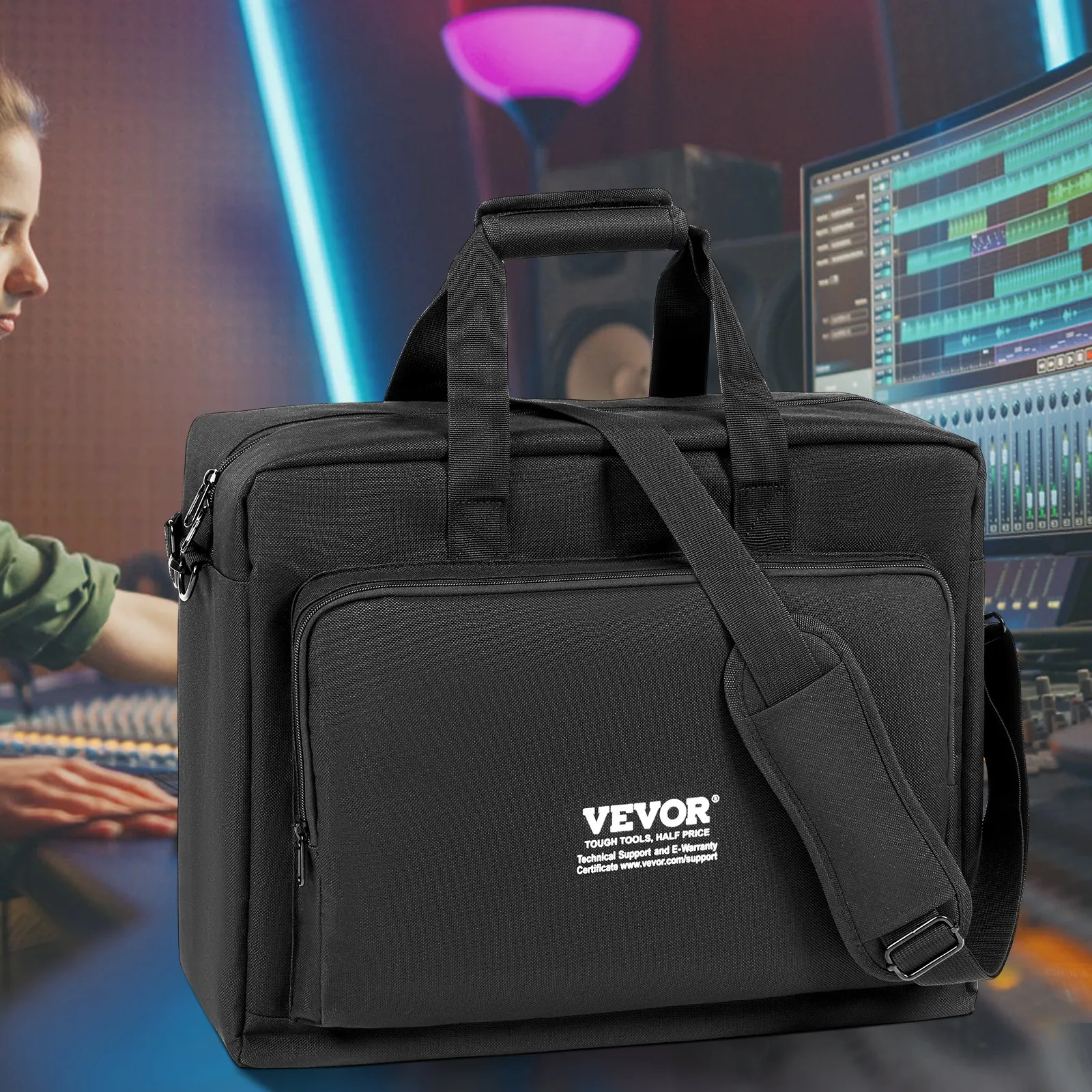 VEVOR dj mixer bag in a recording studio with a music producer, dj equipment, and colorful lights.