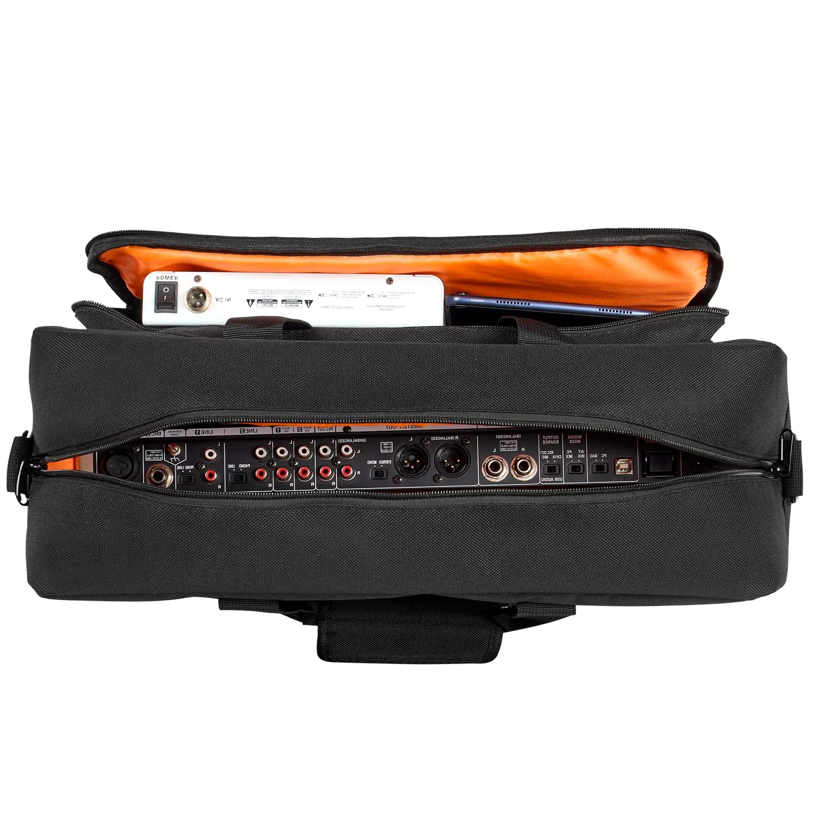 VEVOR dj mixer bag, open to reveal audio equipment with various ports and an orange-lined interior.