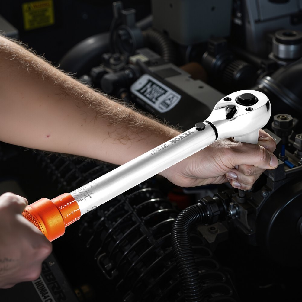 VEVOR Click Torque Wrench Set, 3/8 Inch Drive, 5-60 N.m / 3.7-44.3 lbf.ft, Dual-direction, 72-Tooth, ±3% High Precision, with Sockets, Bits, Extension Bar, Spark Plug Sockets, Adapter, Orange