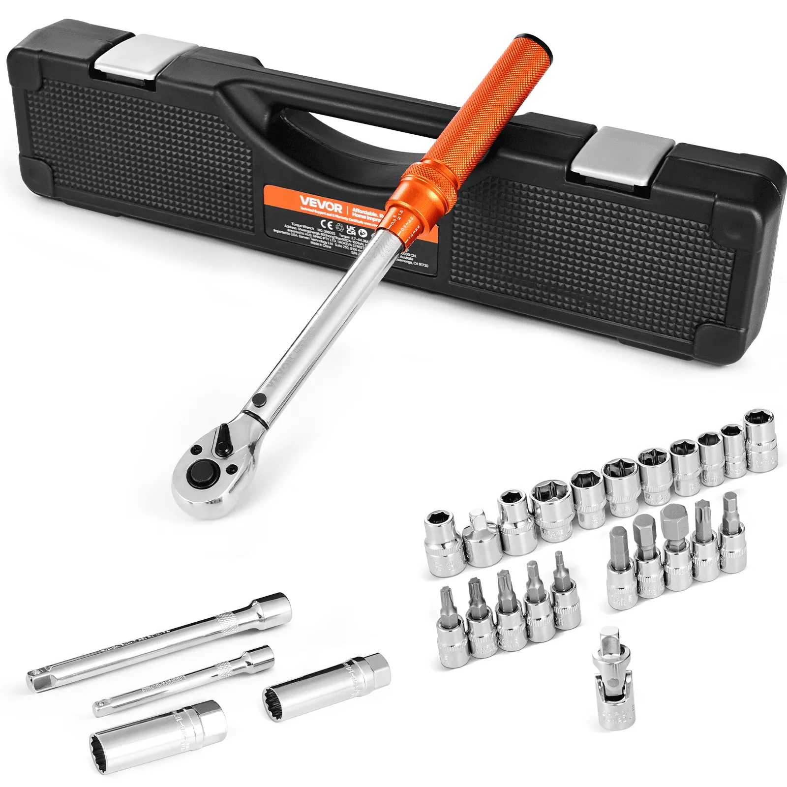 VEVOR Click Torque Wrench Set, 3/8 Inch Drive, 5-60 N.m / 3.7-44.3 lbf.ft, Dual-direction, 72-Tooth, ±3% High Precision, with Sockets, Bits, Extension Bar, Spark Plug Sockets, Adapter, Orange