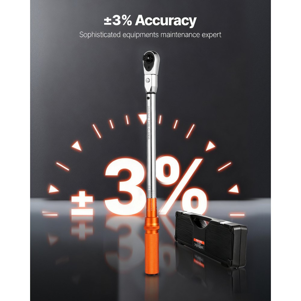 VEVOR Adjustable Click Torque Wrench, 1/2 Inch Drive, 20-160 lbf-ft/27.1-216.8 N.m, Dual-direction and Dual Range Scales, 72-Tooth, ±2% Precision, with Adapter Interchangeable Jaw and Ratchet Head