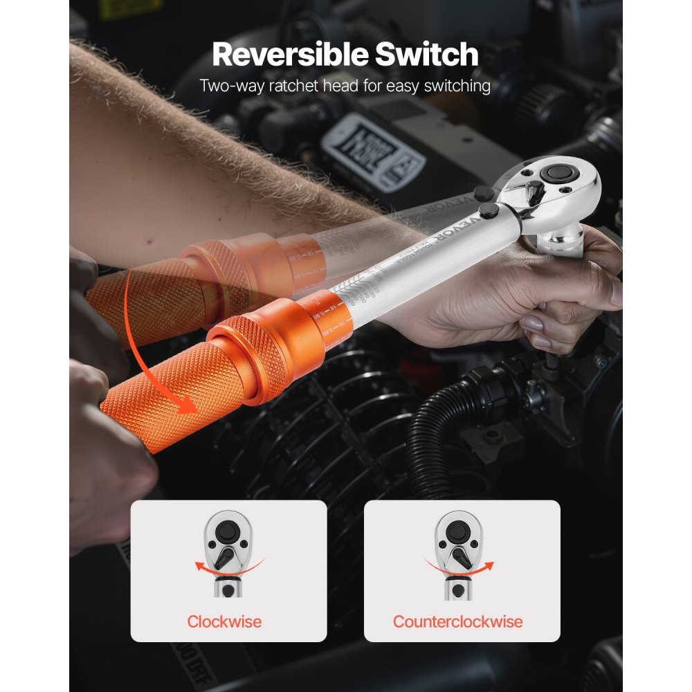 VEVOR Click Torque Wrench Set, 1/4Inch Drive, 20-240 lbf-in / 2.3-27.1N.m, Dual-direction and Dual Range Scales, 72-Tooth, ±3% High Precision, with Bits, Sockets, Adapters, Extension Bar, Orange