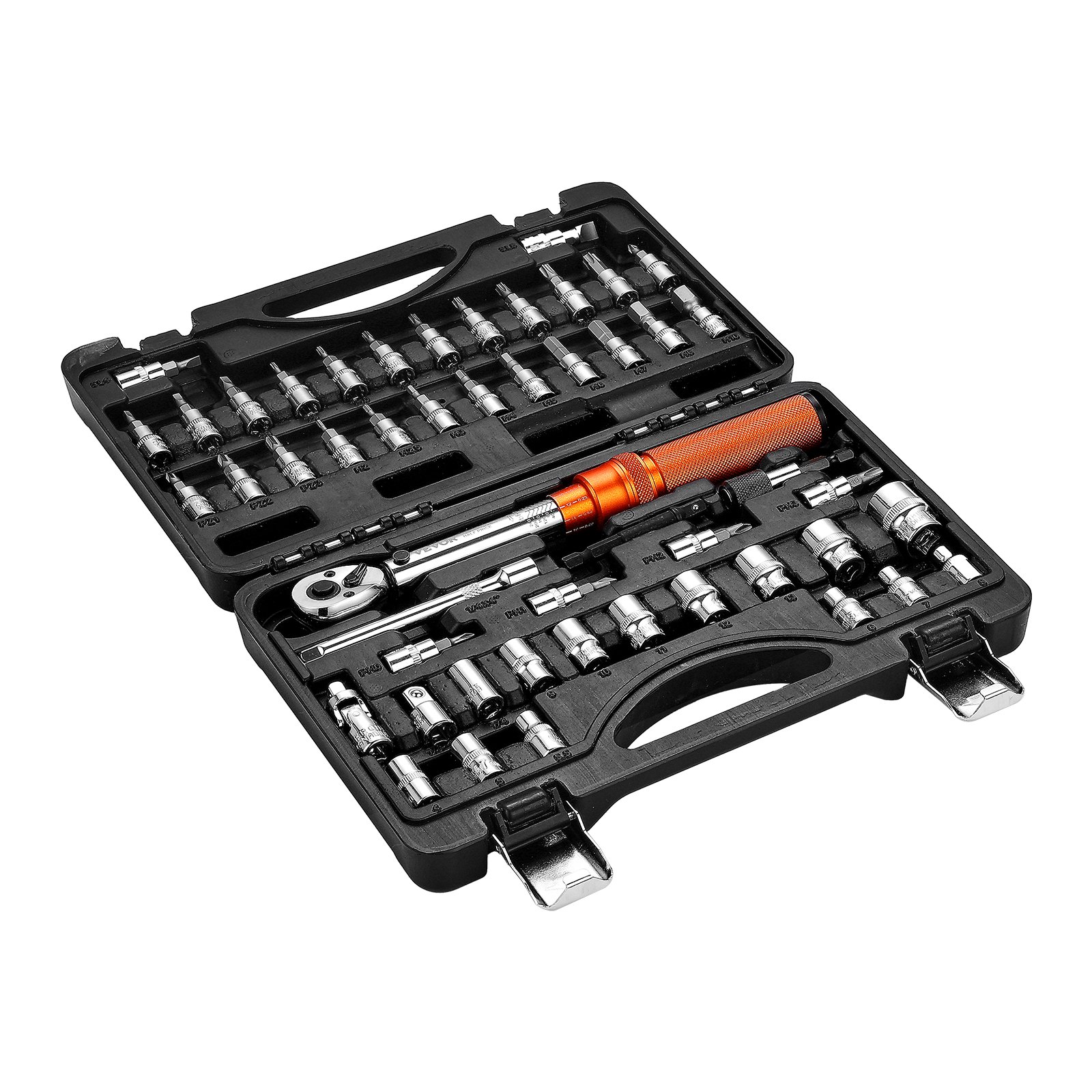 VEVOR Click Torque Wrench Set, 1/4Inch Drive, 20-240 lbf-in / 2.3-27.1N.m, Dual-direction and Dual Range Scales, 72-Tooth, ±3% High Precision, with Bits, Sockets, Adapters, Extension Bar, Orange
