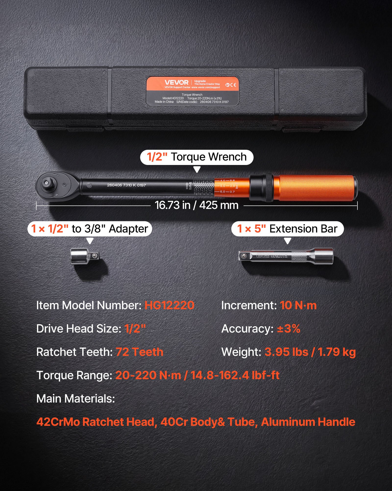 VEVOR Torque Wrench, 12.7mm Drive Click Torque Wrench, 20-220 N.m, Dual Scale Readings, ±3% High Precision, with Extension Bar, Adapter and Storage Case, for Automotive Repair