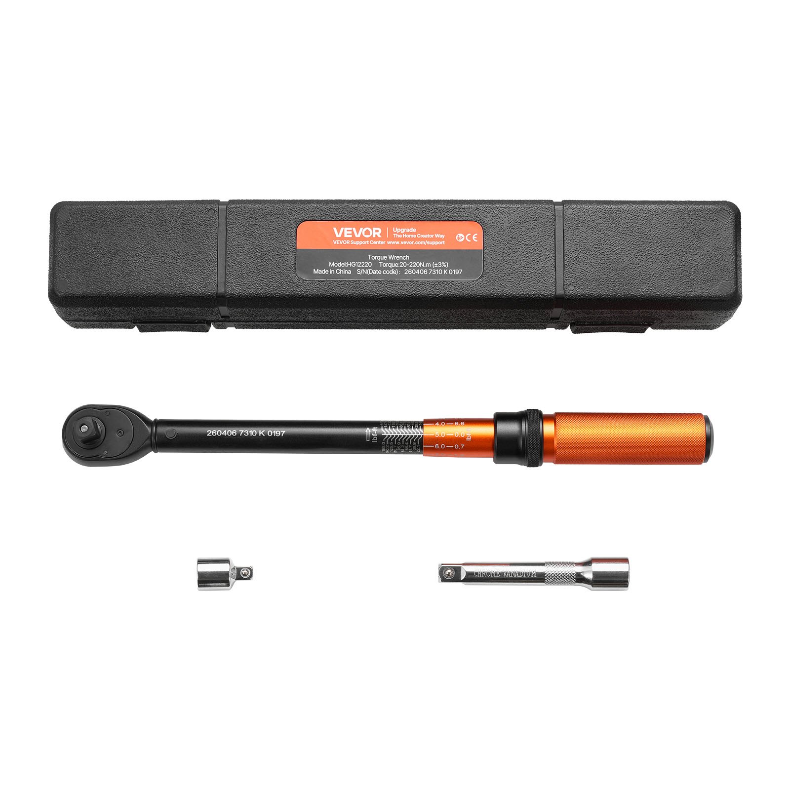 VEVOR Torque Wrench, 12.7mm Drive Click Torque Wrench, 20-220 N.m, Dual Scale Readings, ±3% High Precision, with Extension Bar, Adapter and Storage Case, for Automotive Repair