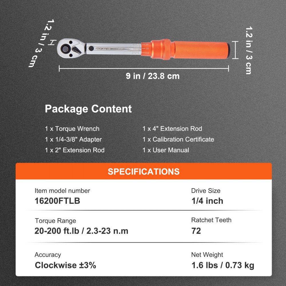VEVOR Torque Wrench, 0.6 cm Drive Click Torque Wrench 20-200 in. lb/2.3-23N.m, Dual-Direction Adjustable Torque Wrench Set, Mechanical Dual Range Scales Torque Wrench Kit with Adapters Extension Rod