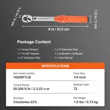 VEVOR Torque Wrench, 1/4-inch Drive Click Torque Wrench 20-200in.lb/3-23n.m, Dual-Direction Adjustable Torque Wrench Set, Mechanical Dual Range Scales Torque Wrench Kit with Adapters Extension Rod