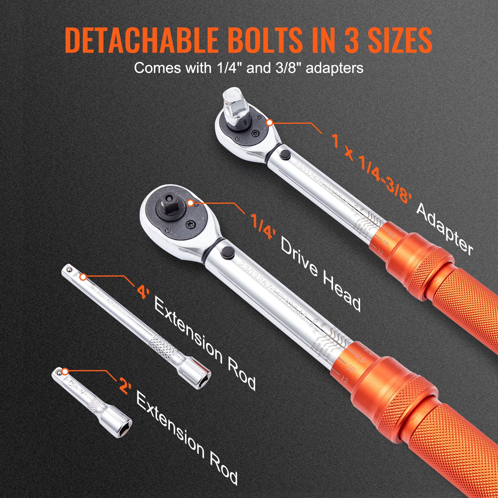 VEVOR Torque Wrench, 0.6 cm Drive Click Torque Wrench 20-200 in. lb/2.3-23N.m, Dual-Direction Adjustable Torque Wrench Set, Mechanical Dual Range Scales Torque Wrench Kit with Adapters Extension Rod
