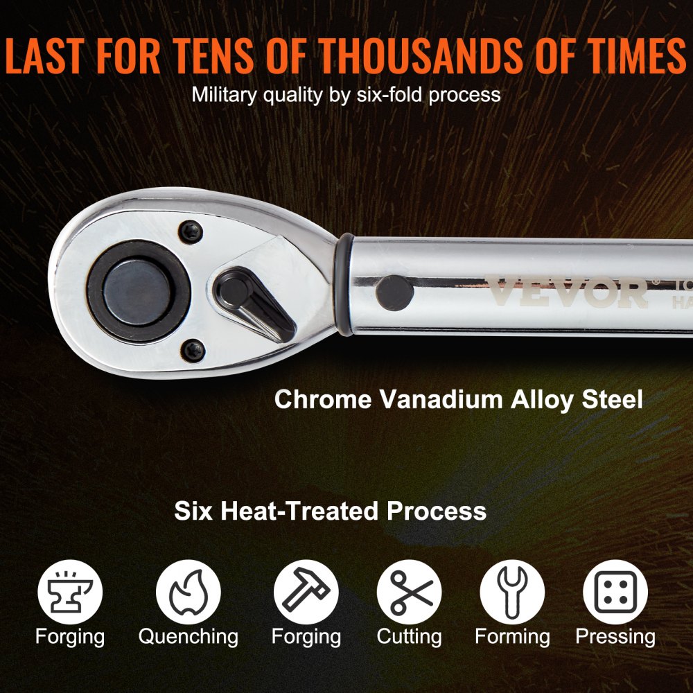 VEVOR torque wrench, chrome vanadium alloy steel, six heat-treated processes: forging, quenching, cutting.