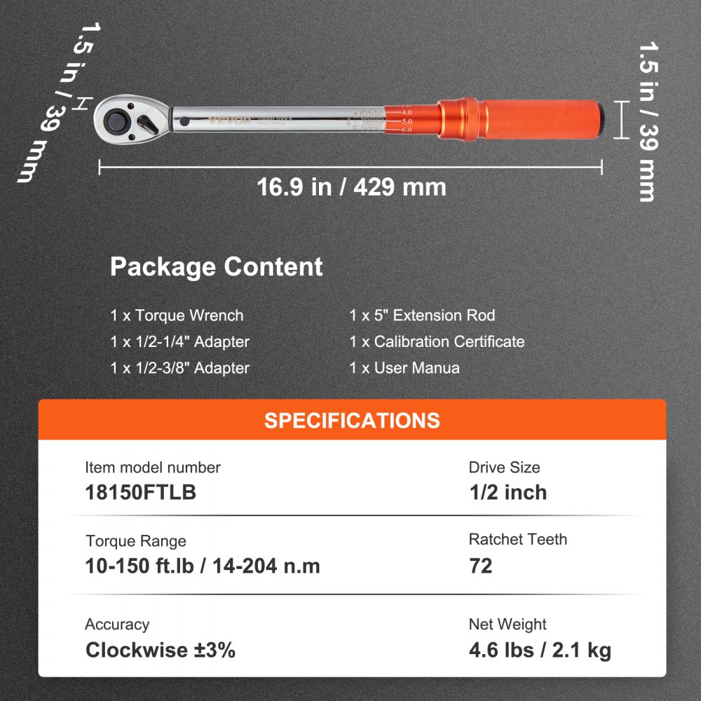 VEVOR torque wrench with 1/2 inch drive, 10-150 ft.lb range, 72 teeth, 16.9 inches length, 4.6 lbs weight.