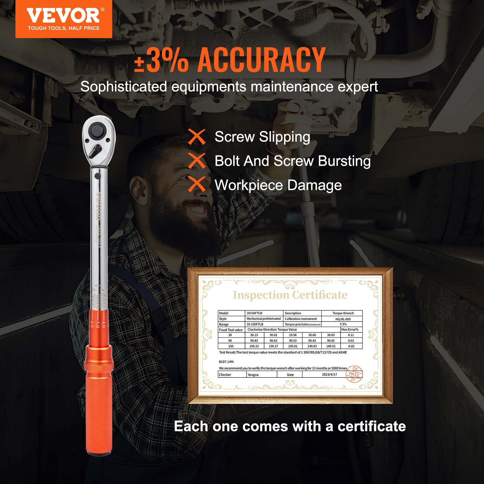 VEVOR torque wrench with ±3% accuracy, featuring an inspection certificate, prevents screw slipping.