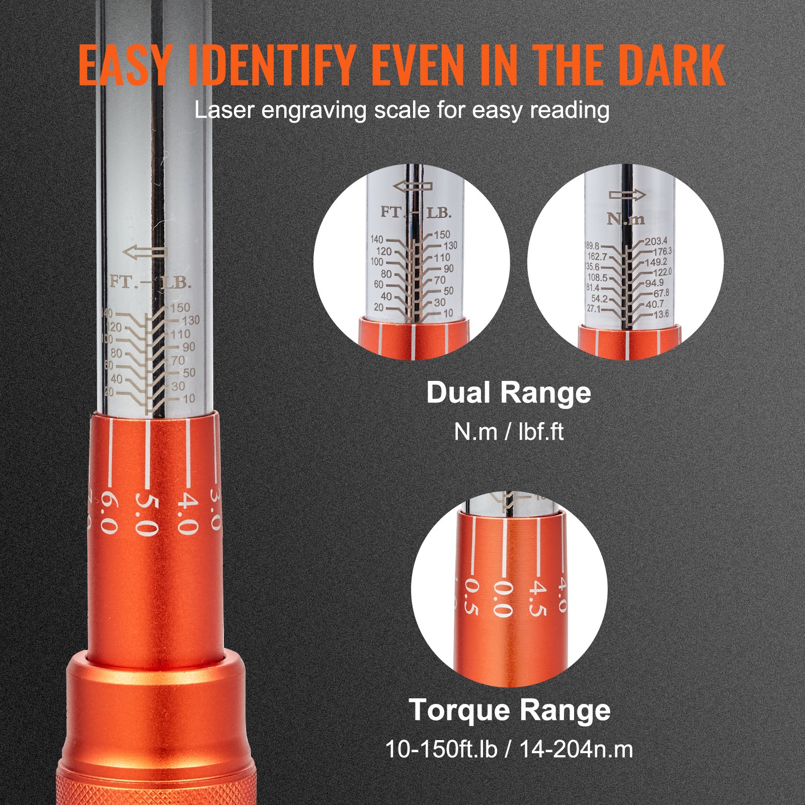 VEVOR torque wrench with laser-engraved dual scale for easy reading, showing torque range 10-150ft.lb.
