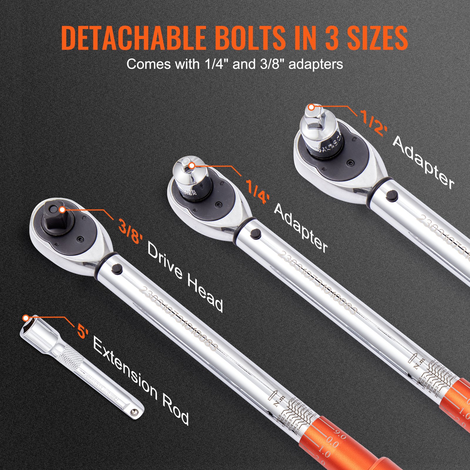 VEVOR torque wrench with 1/4&quot; and 3/8&quot; adapters, 1/2&quot; adapter, 5&quot; extension rod, and 3/8&quot; drive head.