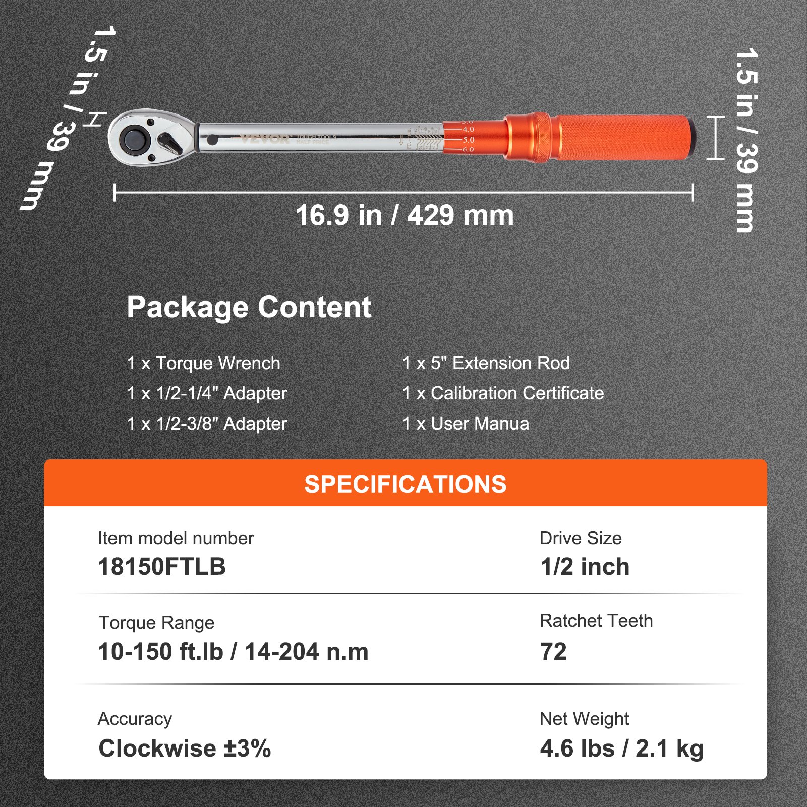 VEVOR torque wrench with 1/2 inch drive, 10-150 ft.lb range, 72 teeth, 16.9 inches length, 4.6 lbs weight.