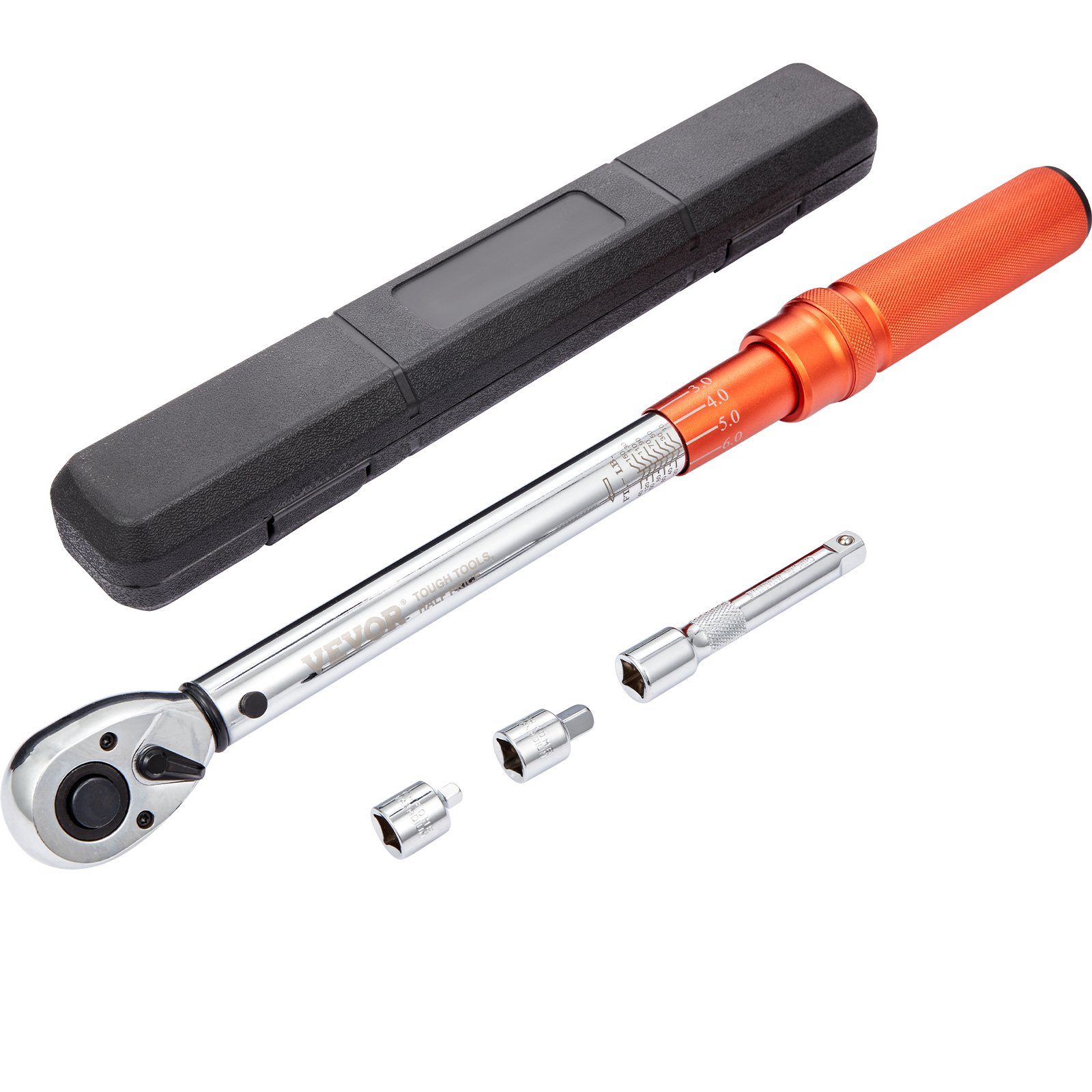 VEVOR torque wrench with case, extension bar, and three socket adapters, featuring an orange handle.