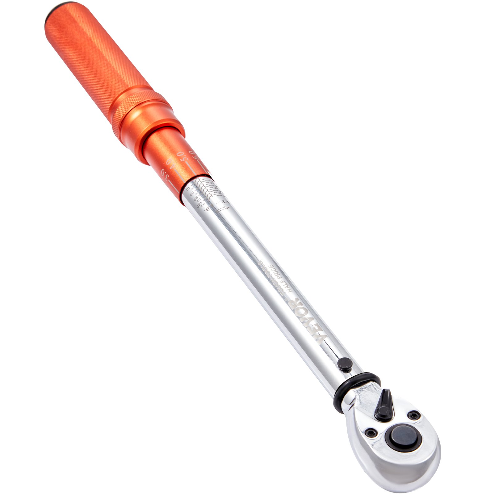 orange-handled VEVOR torque wrench with a silver shaft and adjustable head for precise tightening.