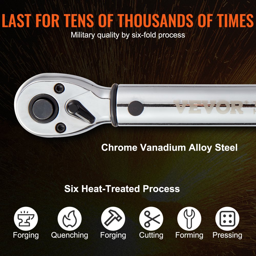 VEVOR torque wrench made of chrome vanadium alloy steel with six heat-treated processes for durability.
