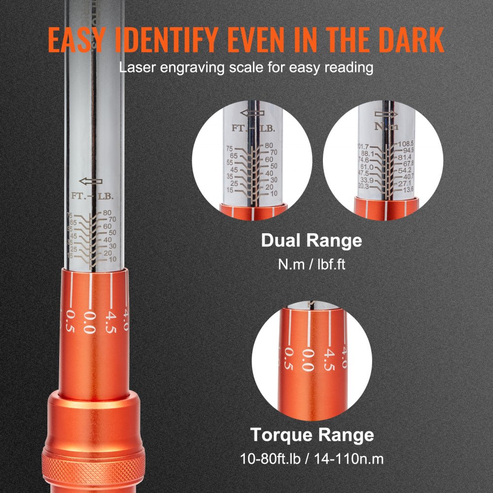 VEVOR torque wrench with laser-engraved scale, dual range n.m/lbf.ft, torque range 10-80ft.lb/14-110n.m.
