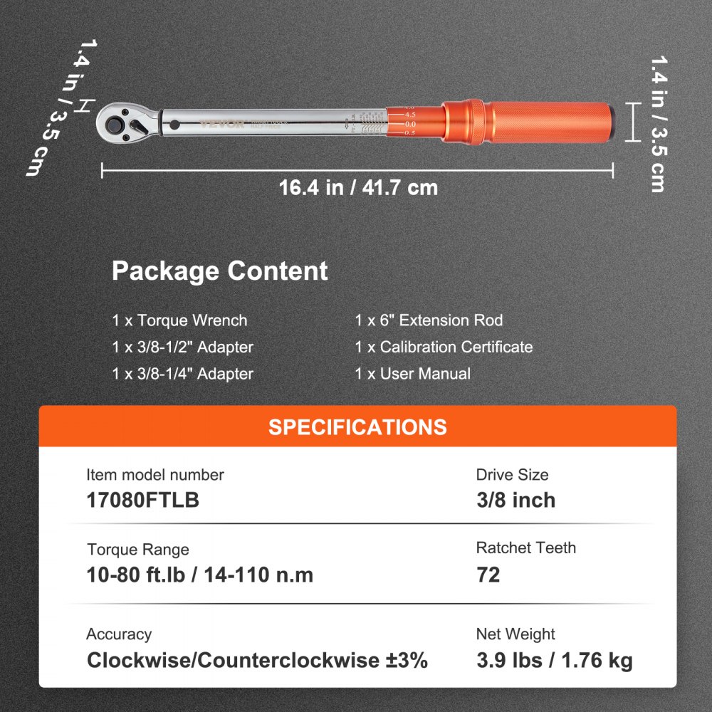 VEVOR torque wrench includes 3/8 inch drive, 10-80 ft.lb range, 72 teeth, and multiple adapters.
