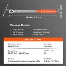 VEVOR Torque Wrench, 3/8-inch Drive Click Torque Wrench 10-80ft.lb/14-110n.m, Dual-Direction Adjustable Torque Wrench Set, Mechanical Dual Range Scales Torque Wrench Kit with Adapters Extension Rod